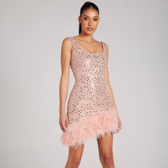 open lace back dress Nadine Merabi Olivia blush  Rent and Rotate